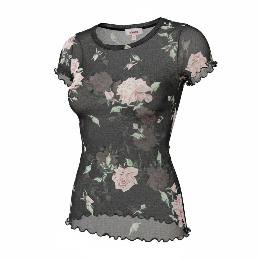 BONGO Whimsigoth Black Floral Mesh Short Sleeve Fairy Coquette Top Women L